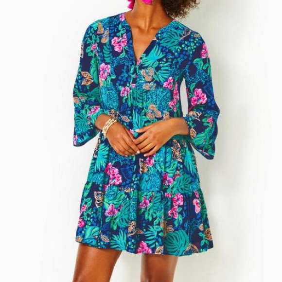 Lilly Pulitzer Gabriel Dress Navy Life of the Party Flare Sleeve Lileeze Size 00 - Picture 2 of 7